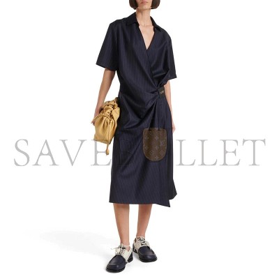 LOEWE PINSTRIPE GATHERED WOOL WRAP DRESS 